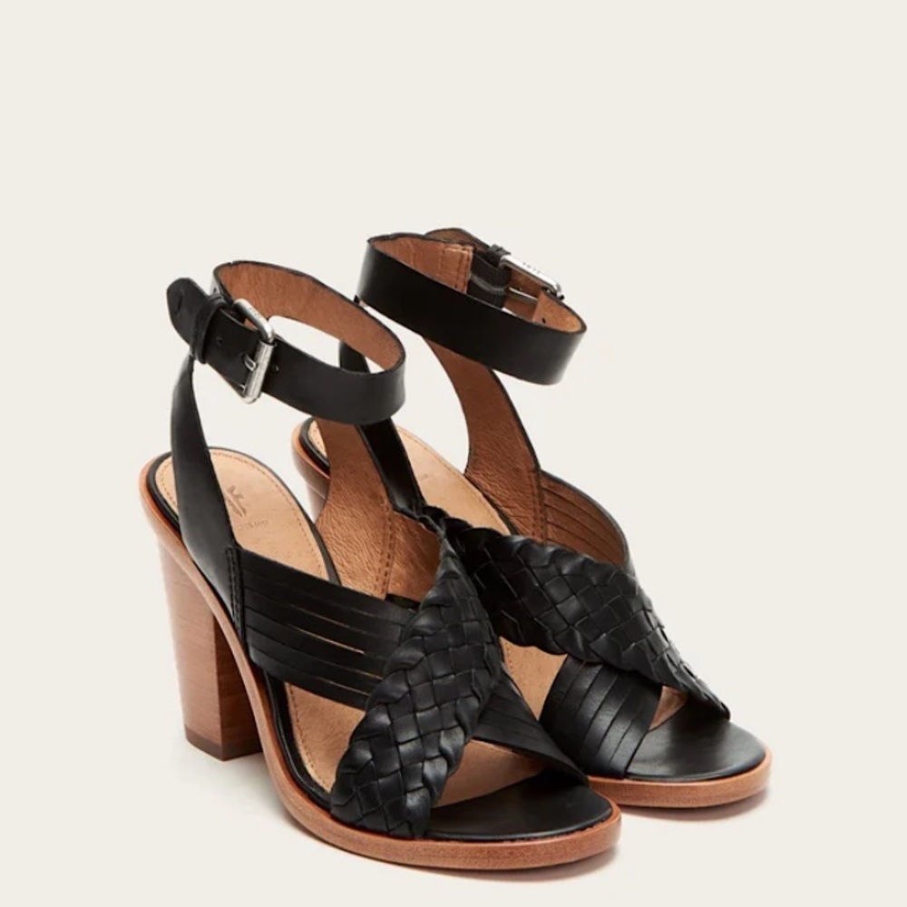 $328 Frye Sara Criss Cross Braided Black Real Leather Summer Strap Sandal Heels